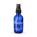 Blue spray bottle with a label on a white background