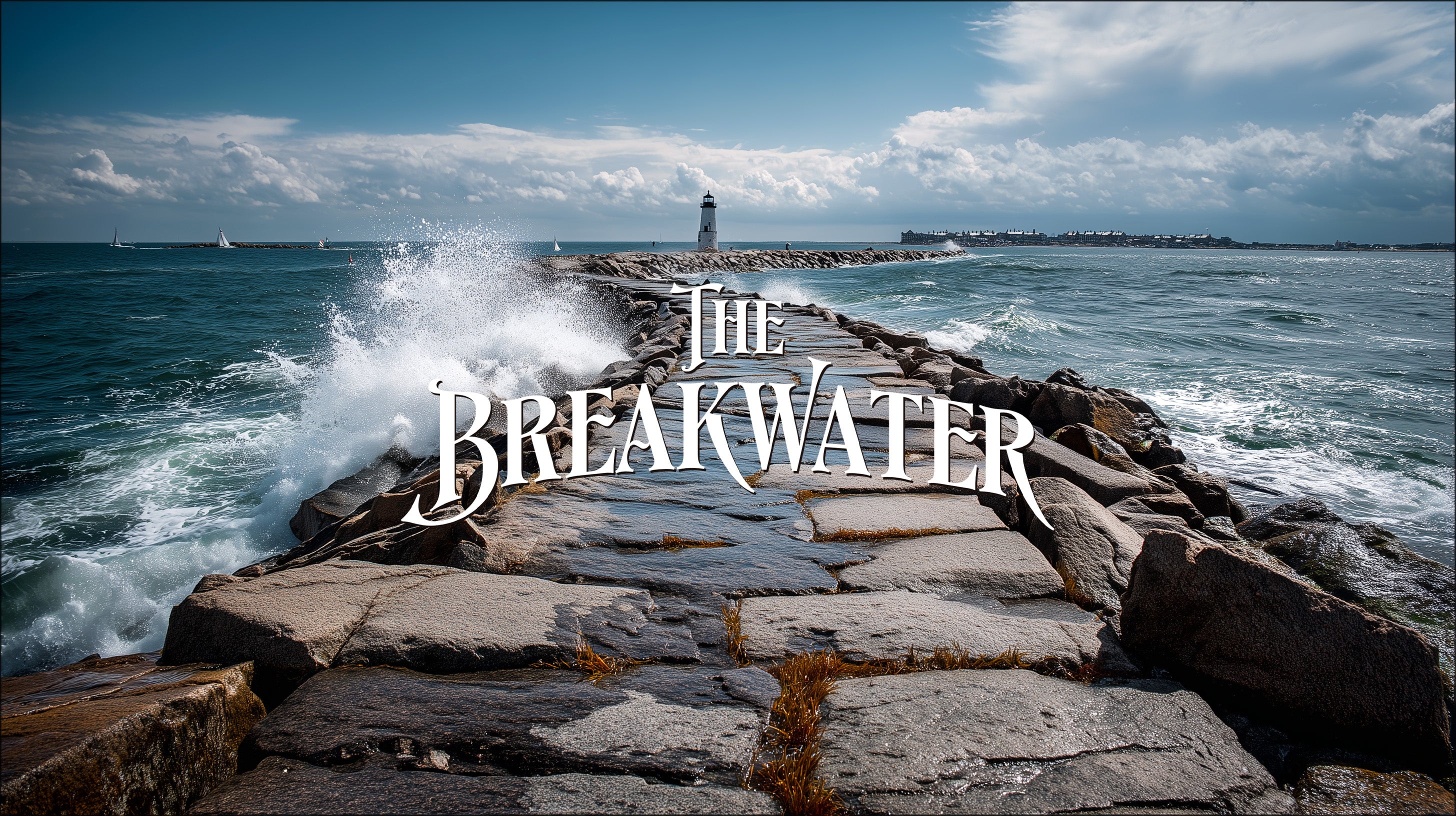 Rocks leading to a lighthouse with 'The Breakwater' text overlay.