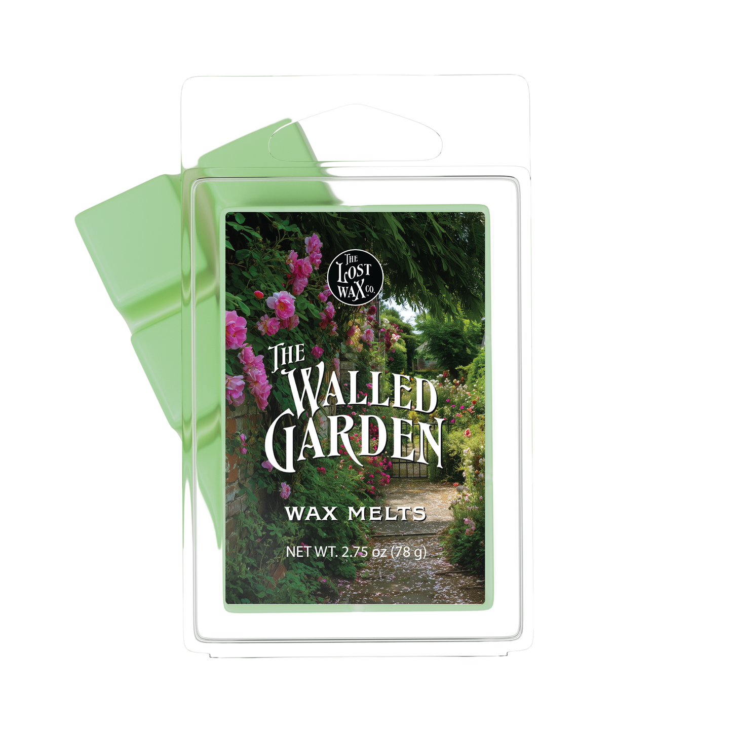 Wax melts packaging with 'The Walled Garden' design on a white background