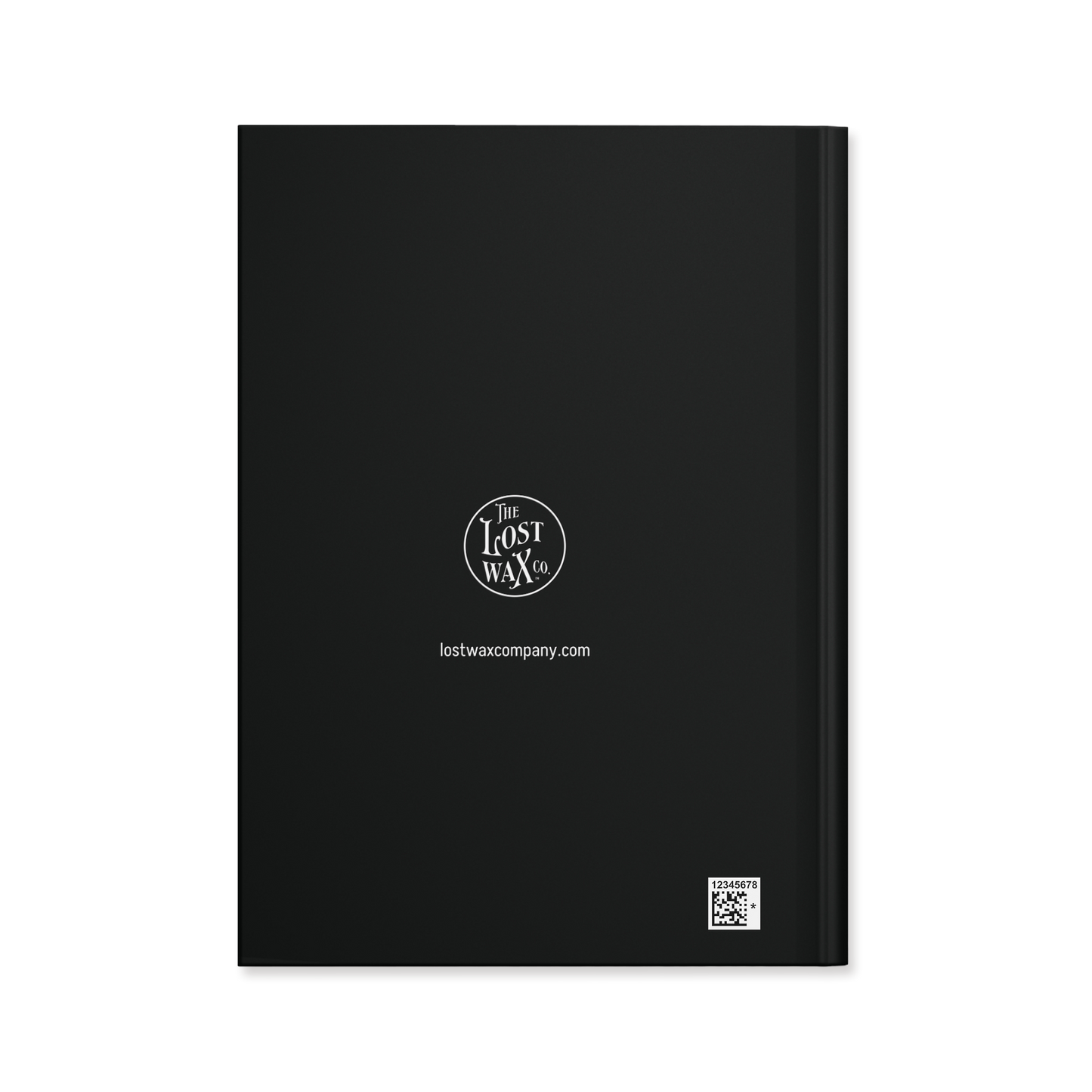 Back of a black notebook or journal, with small logo and URL