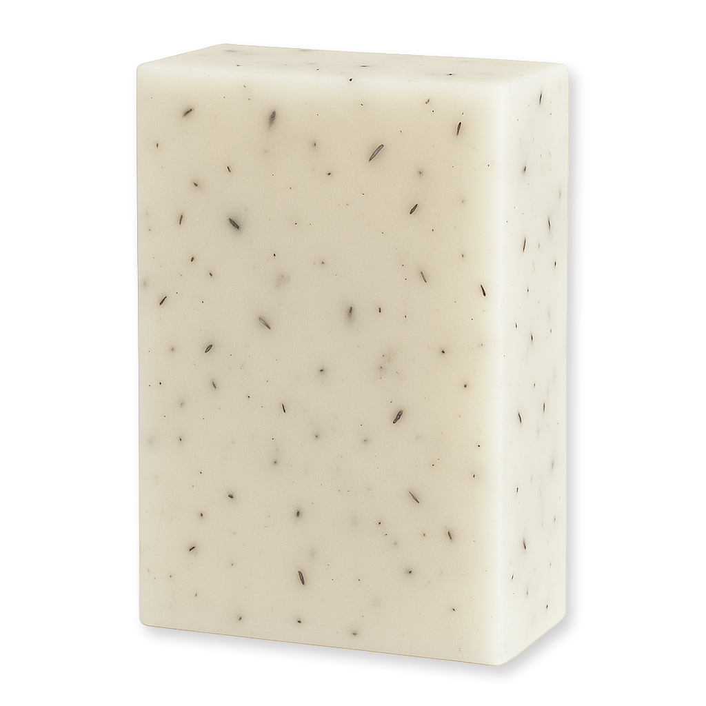 A rectangular bar of creamy off-white soap with small dark flecks embedded throughout, shown on a plain white background.