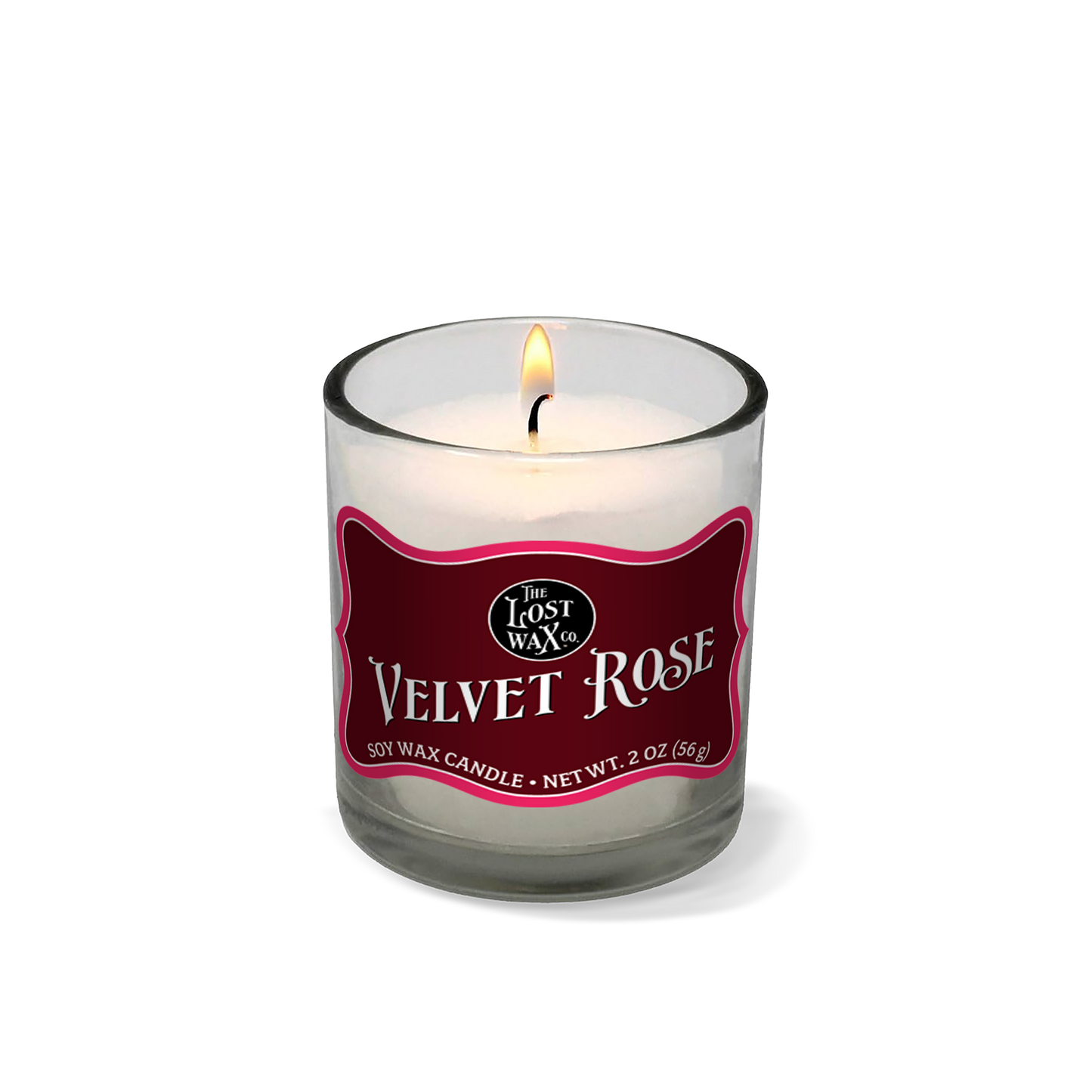 Candle in a glass jar with a red label on a white background