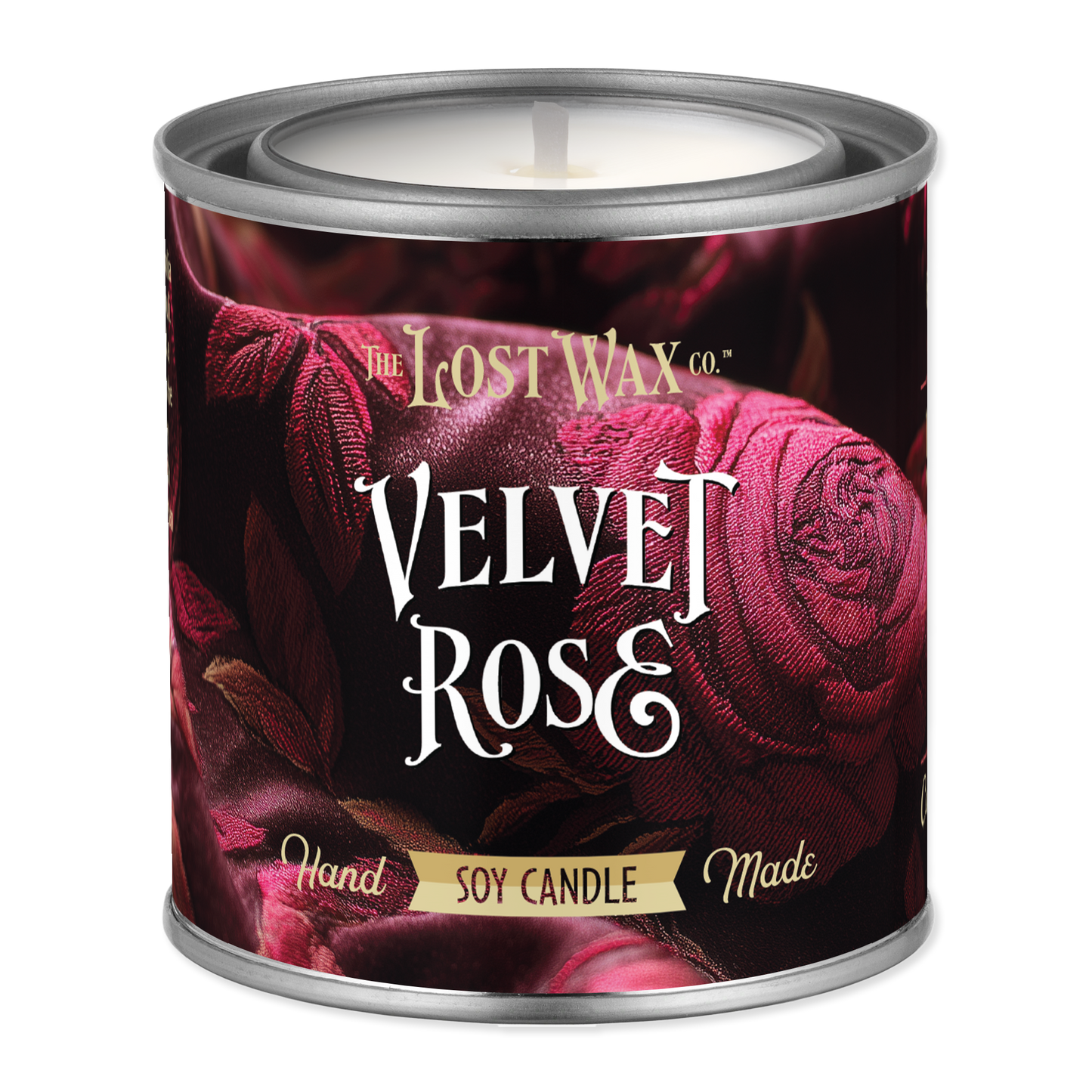 Candle in a decorative tin labeled 'Velvet Rose' from The Lost Wax Co.