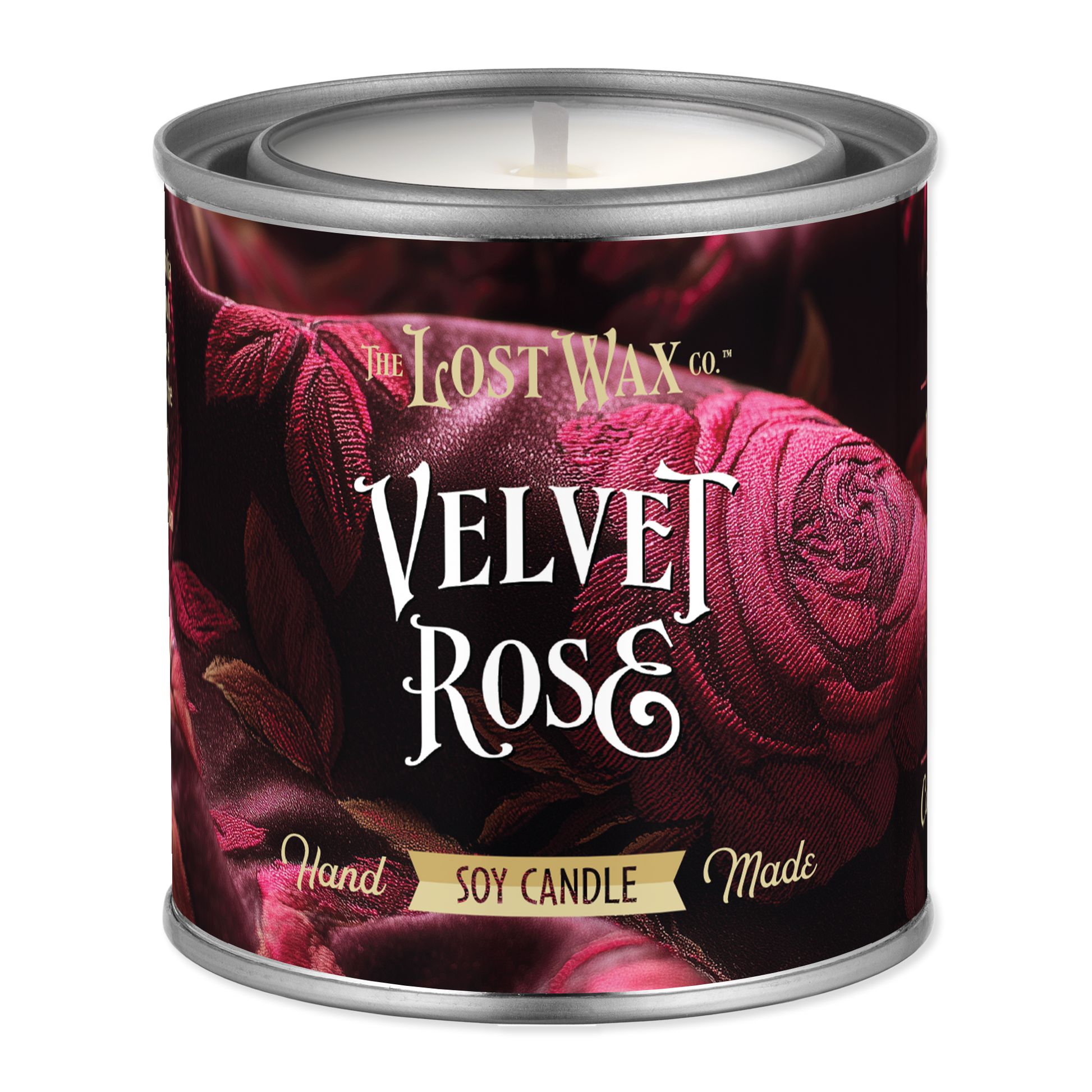 Candle in a decorative tin labeled 'Velvet Rose' from The Lost Wax Co.