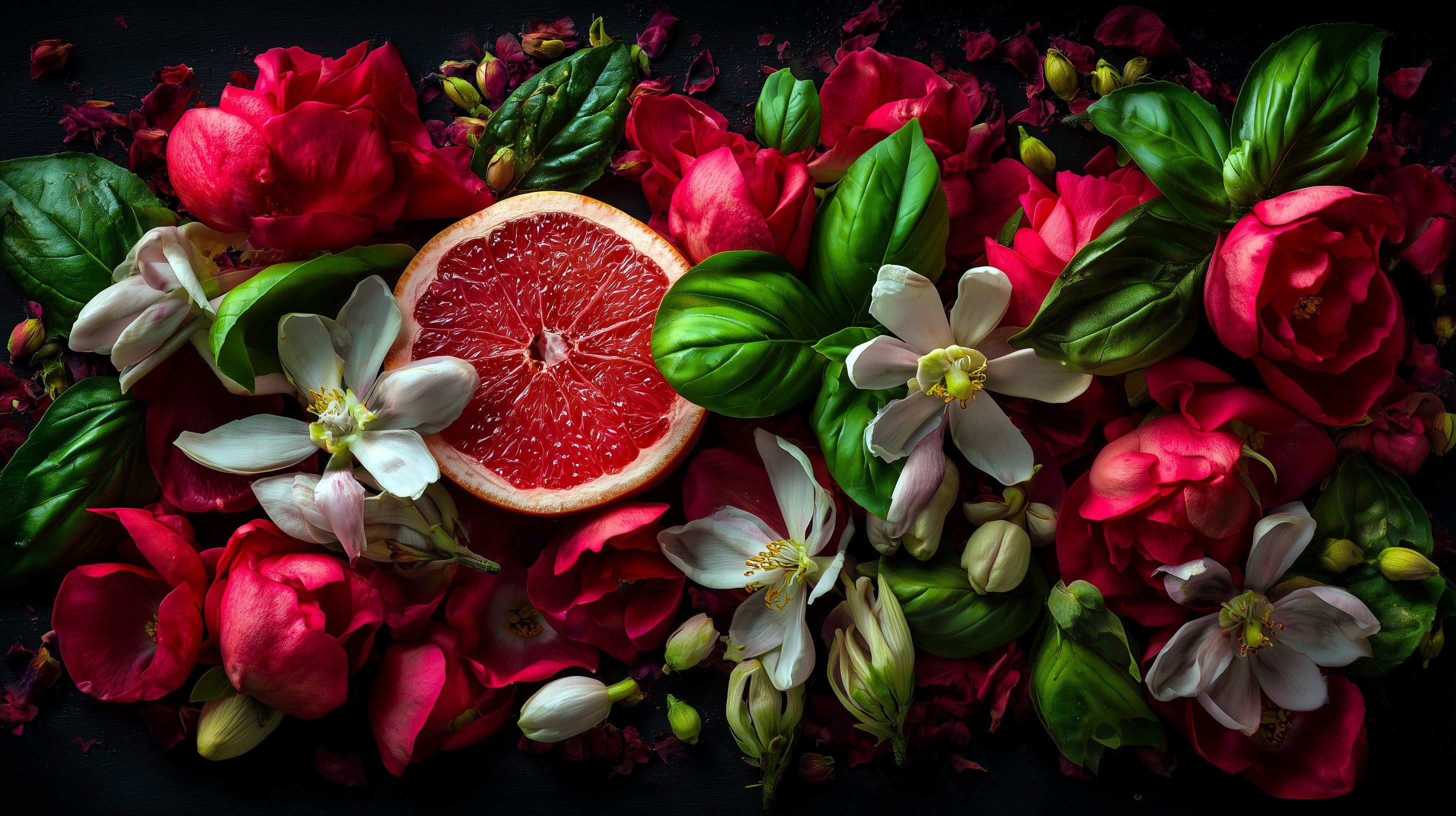 Rose petals, basil leaves, and magnolia blossoms on a dark background.