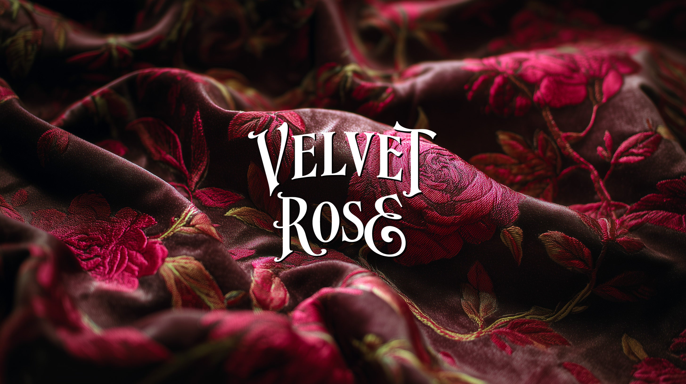 Velvet fabric with floral embroidery and 'Velvet Rose' text overlay