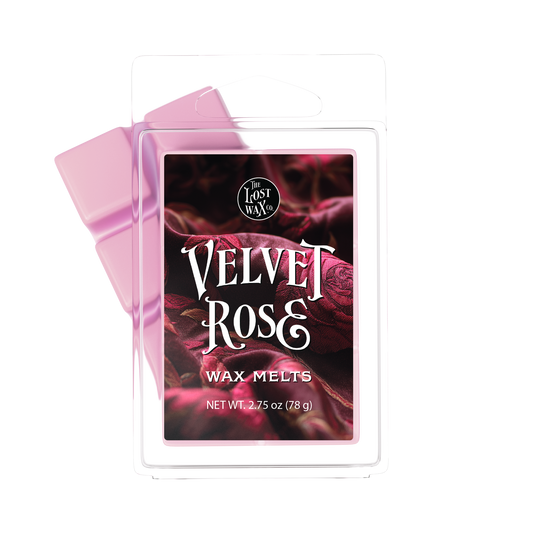 Velvet Rose wax melts packaging with pink ribbon on a white background