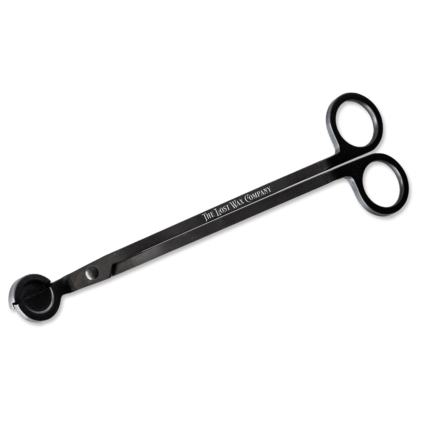 Black wick-trimming scissors with The Lost Wax Company branding on a white background